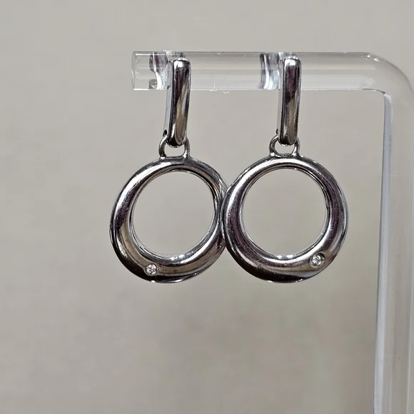 Vintage 925 Silver Circle Drop Earrings with Diamonds - Picture 4 of 12